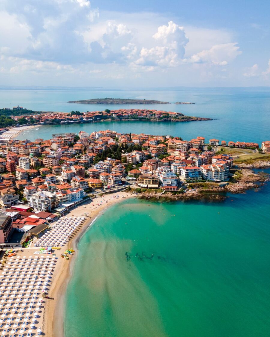 aerial view of a coastal city